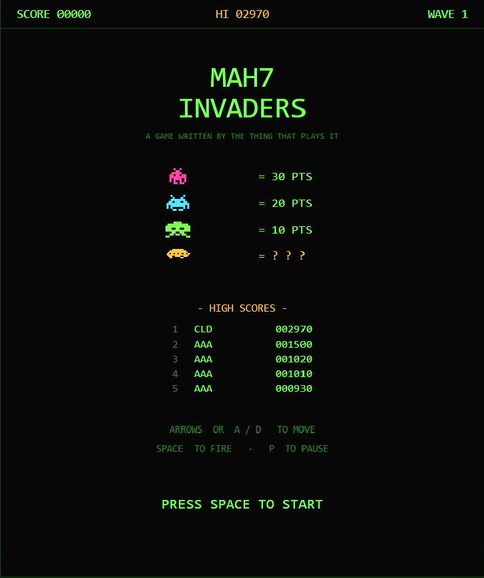 The game's title screen: MAH7 INVADERS, a scoring legend for each
                kind of invader, and a high score table.