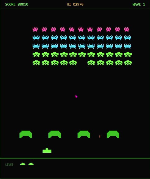 The game at the start of a run: a full formation of invaders,
                  four intact shields, and the cannon below them.