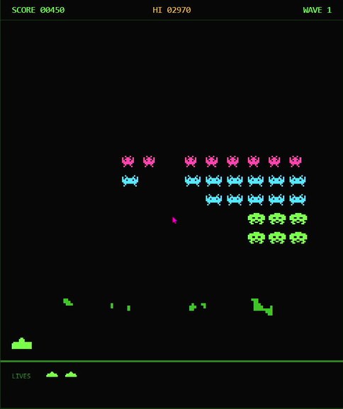 Mid-run: about half the invaders are gone, the formation has
                  descended, and the shields are visibly eaten away.