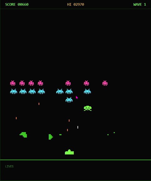 Late in a run: few invaders left but very low on the screen, the
                shields nearly gone, bombs falling, one life remaining.